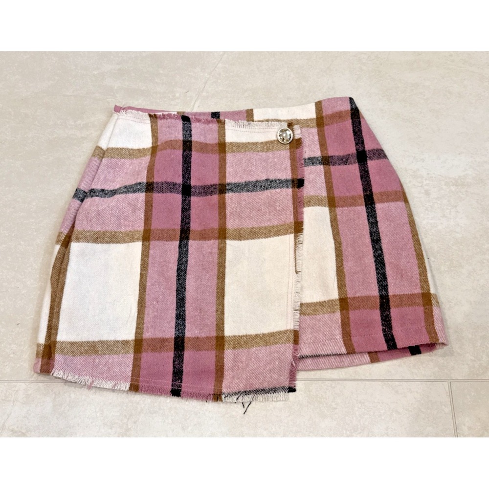 HYFVE Pink Plaid Faux Wrap Mini Skirt Size S Silvertone Button Accent Lined Zip